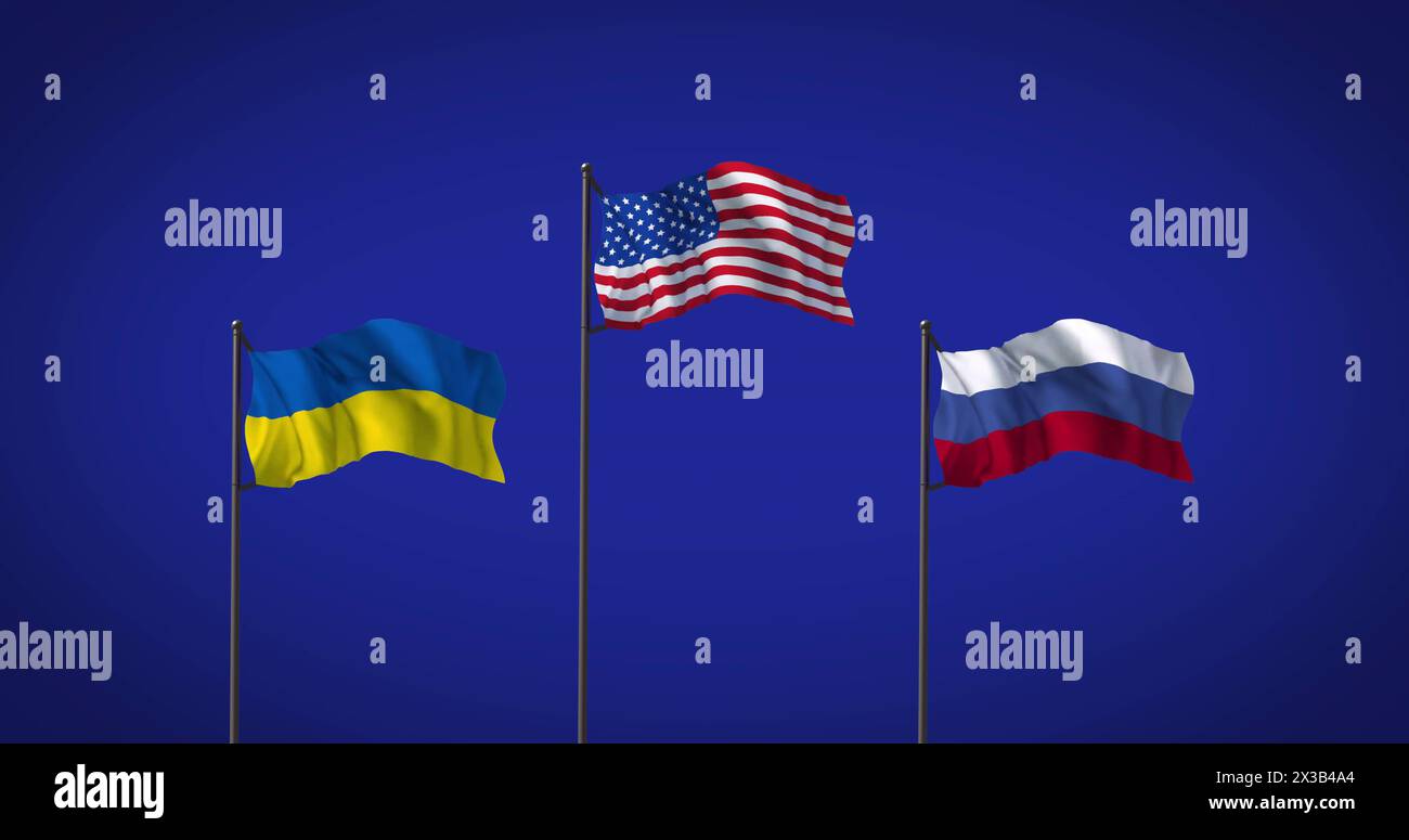 Abbildung der Flaggen der ukraine, der usa und russlands auf blauem Hintergrund Stockfoto