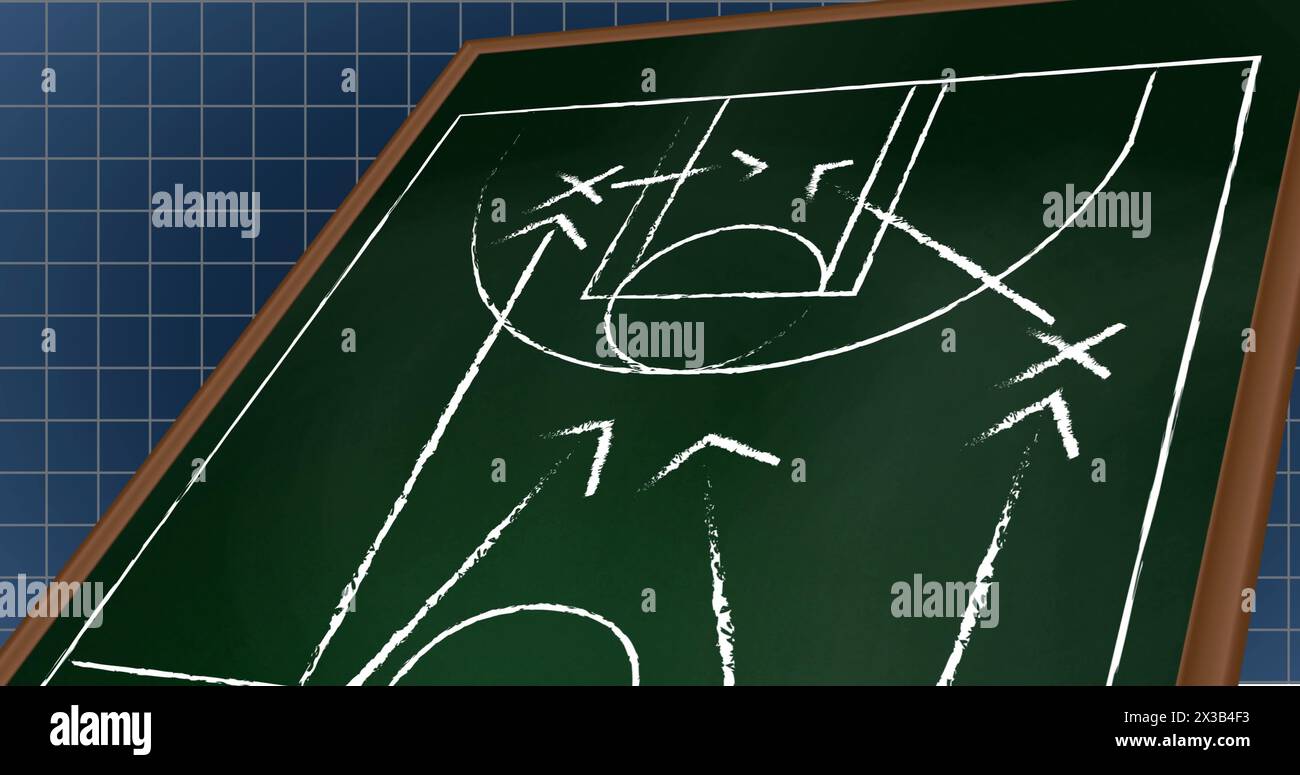 Bild von weißen Pfeilen und Symbolen auf dem Sportplatz über Gittermuster auf schwarzem Hintergrund Stockfoto