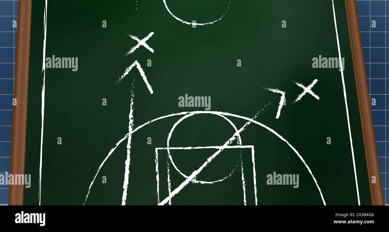 Bild von weißen Pfeilen und Symbolen auf dem Sportplatz über Gittermuster auf schwarzem Hintergrund Stockfoto