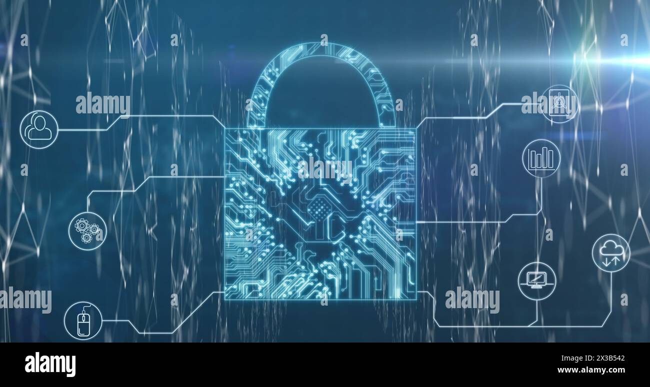 Bild der Datenverarbeitung der digitalen Schnittstelle mit Online-Sicherheitsvorhängeschloss und einem Netzwerk von Symbolen Stockfoto