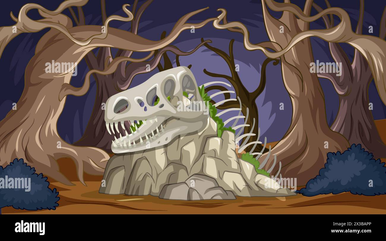 Vektorillustration eines Dinosaurierskeletts im Wald Stock Vektor