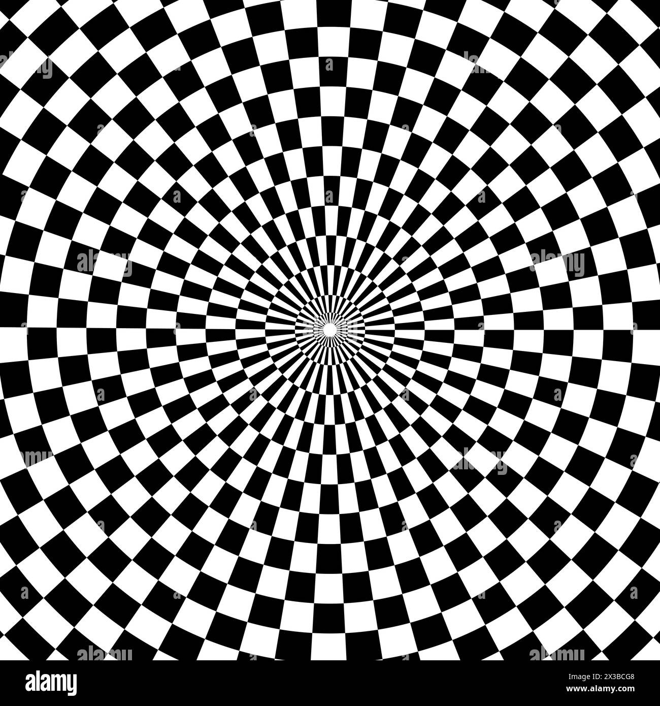 Karierte optische Illusion. Schwarz-weiße hypnotische Spirale. Geometrisches radiales Muster. Vektorabbildung. EPS 10. Stock Vektor