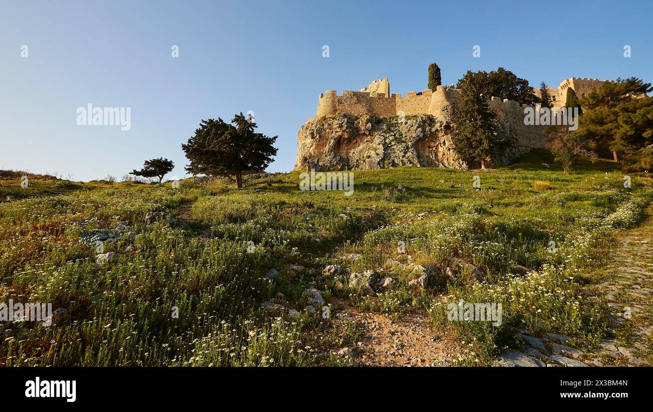 Morgenlicht, Johannisburg, Aufstieg zur Akropolis, Lindos, grüne Wiesen, Rhodos, Dodekanese, Griechische Inseln, Griechenland Stockfoto