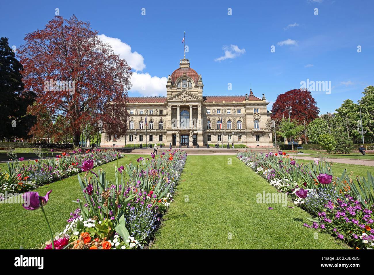 Palais du Rhin erbaut 1889, ehemaliger Kaiserpalast, Park mit Blumenbeeten, Blumenbeet, Place de la Republique, Straßburg, Unterrhein, Elsass, Frankreich Stockfoto