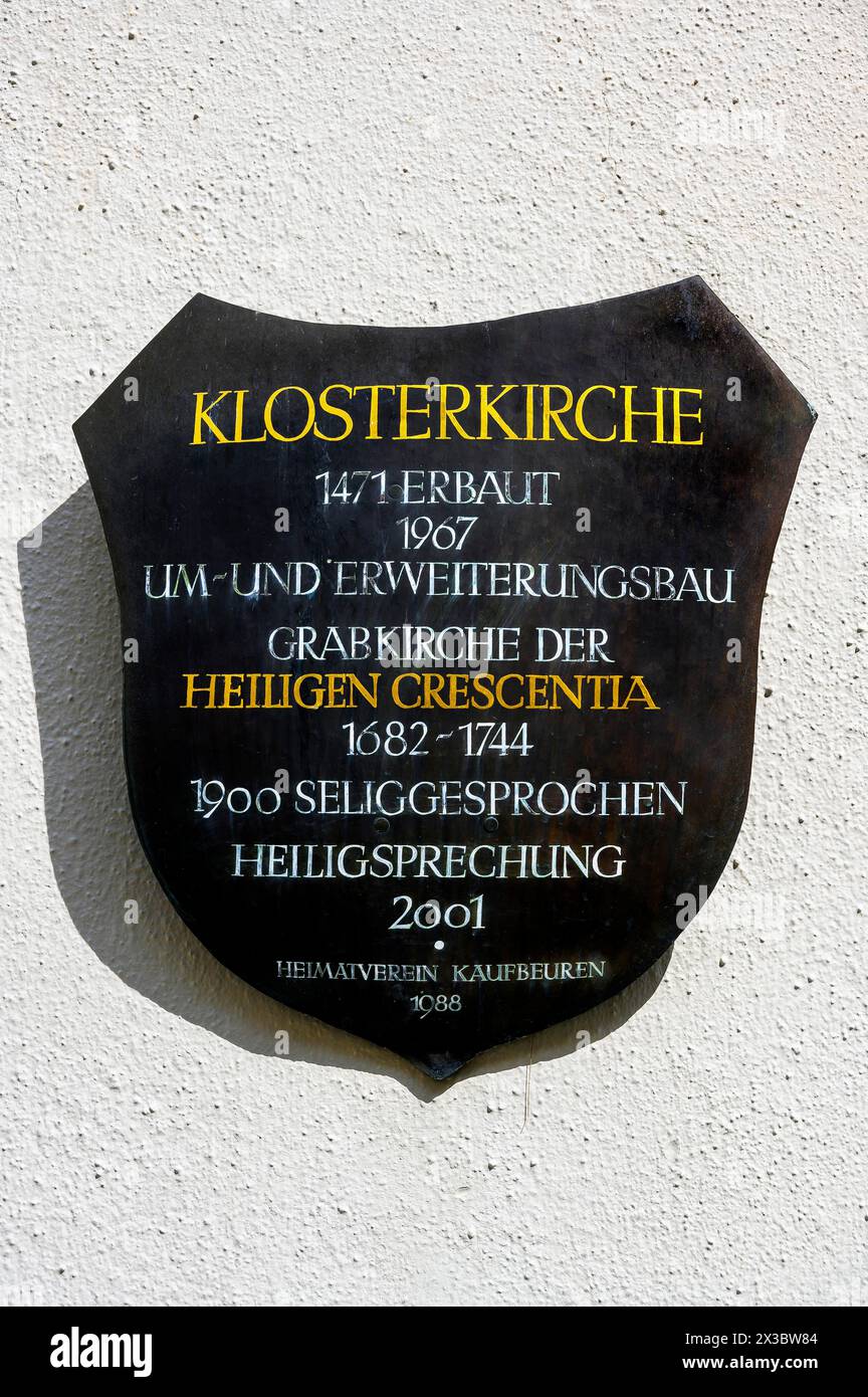 Informationsschild, Klosterkirche Crescentia, Kaufbeuern, Allgaeu, Schwaben, Bayern, Deutschland Stockfoto