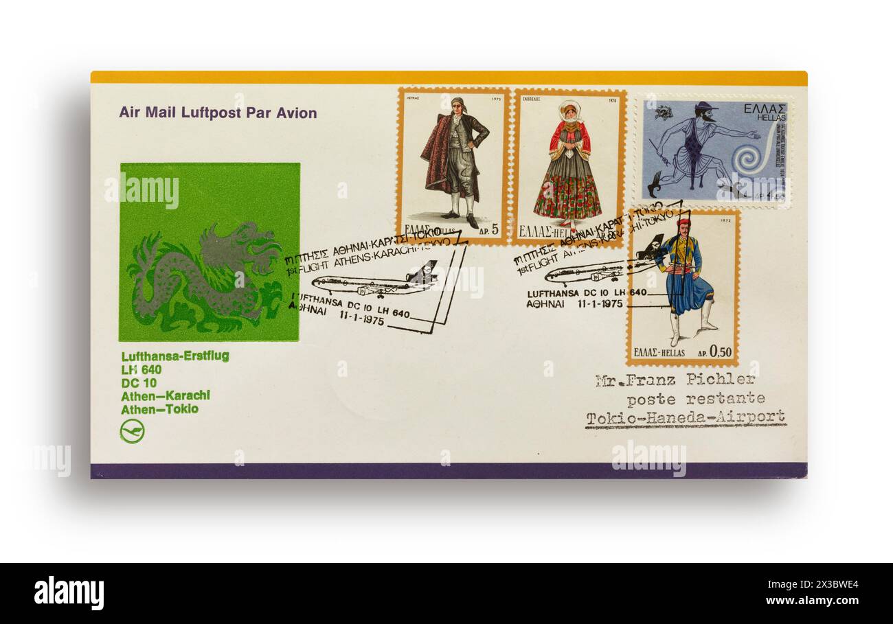 Erster Flugbrief, erster Flugbrief, Lufthansa erster Flug LH640 mit DC-10 von Athen, Griechenland, über Karachi, Pakistan, nach Tokio, Japan am 11 Stockfoto