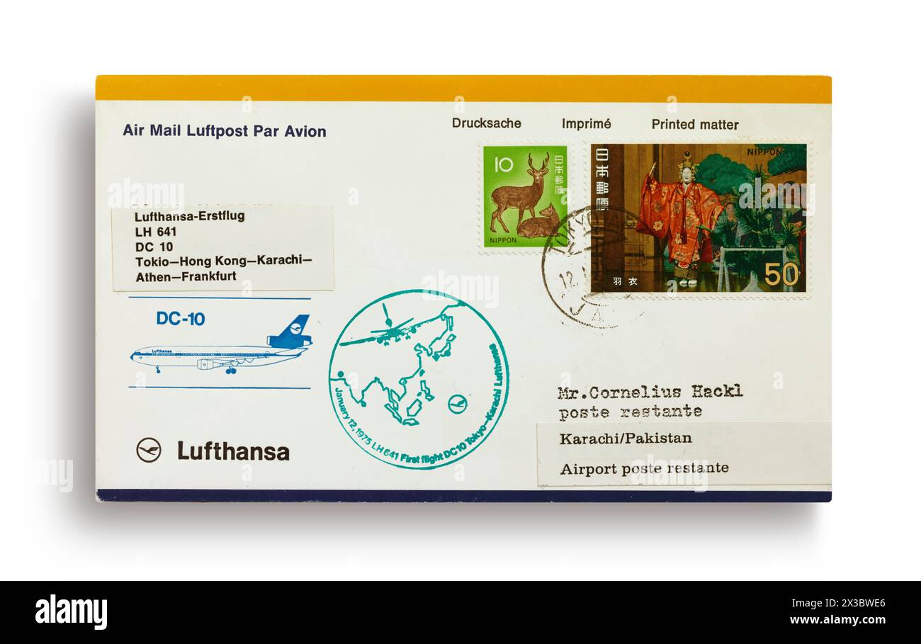 Erster Flugbrief, erster Flugbrief, Lufthansa erster Flug LH641 mit DC-10 von Tokio, Japan, über Hongkong, Karachi, Pakistan, Athen, Griechenland Stockfoto