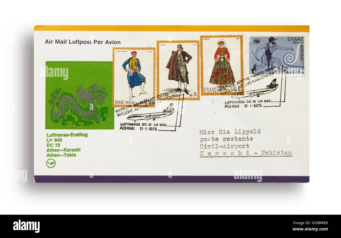 Erster Flugbrief, erster Flugbrief, Lufthansa erster Flug LH640 mit DC-10 von Athen, Griechenland, über Karachi, Pakistan, nach Tokio, Japan am 11 Stockfoto