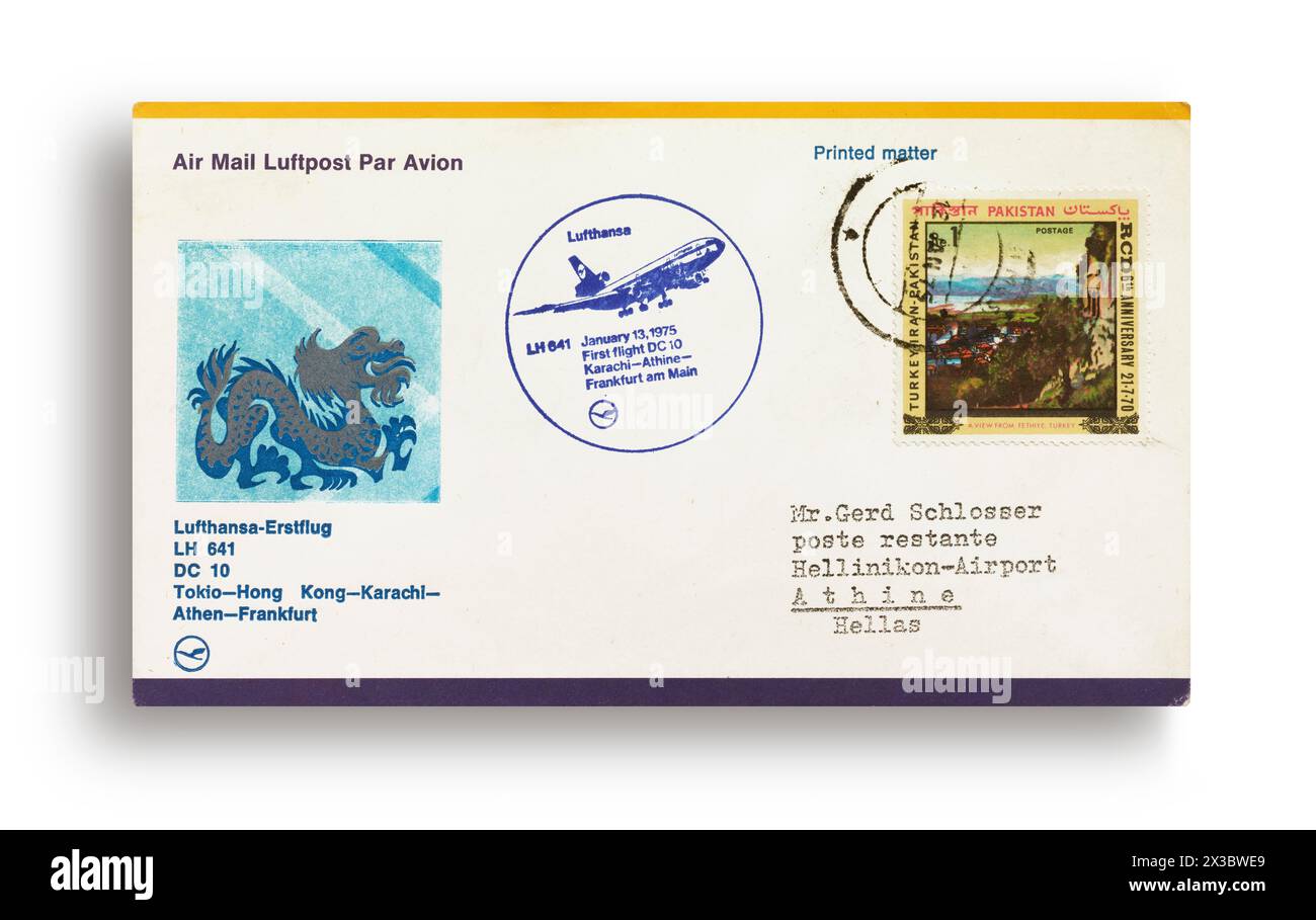 Erster Flugbrief, erster Flugbrief, Lufthansa erster Flug LH641 mit DC-10 von Tokio, Japan, über Hongkong, Karachi, Pakistan, Athen, Griechenland Stockfoto