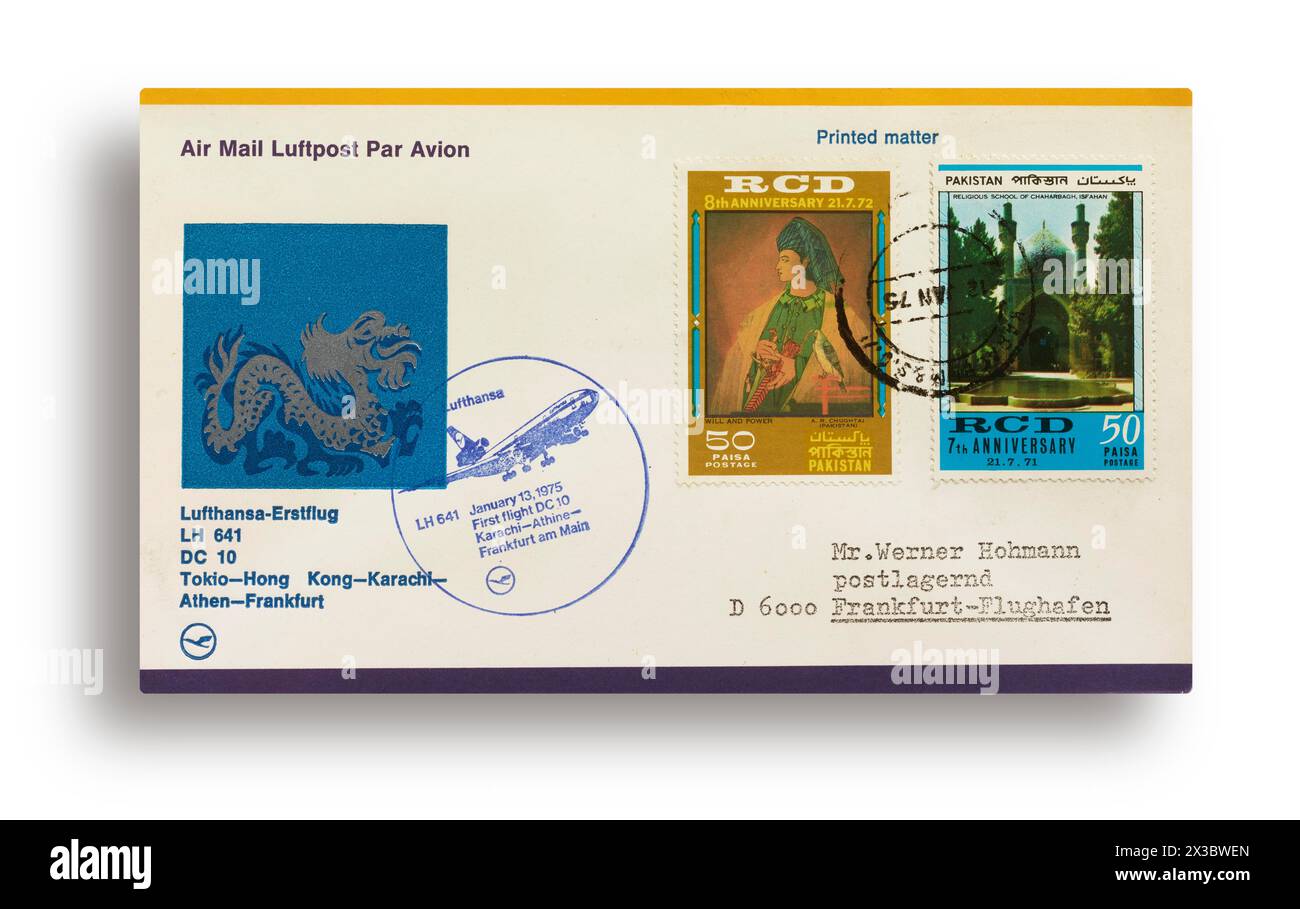 Erster Flugbrief, erster Flugbrief, Lufthansa erster Flug LH641 mit DC-10 von Tokio, Japan, über Hongkong, Karachi, Pakistan, Athen, Griechenland Stockfoto