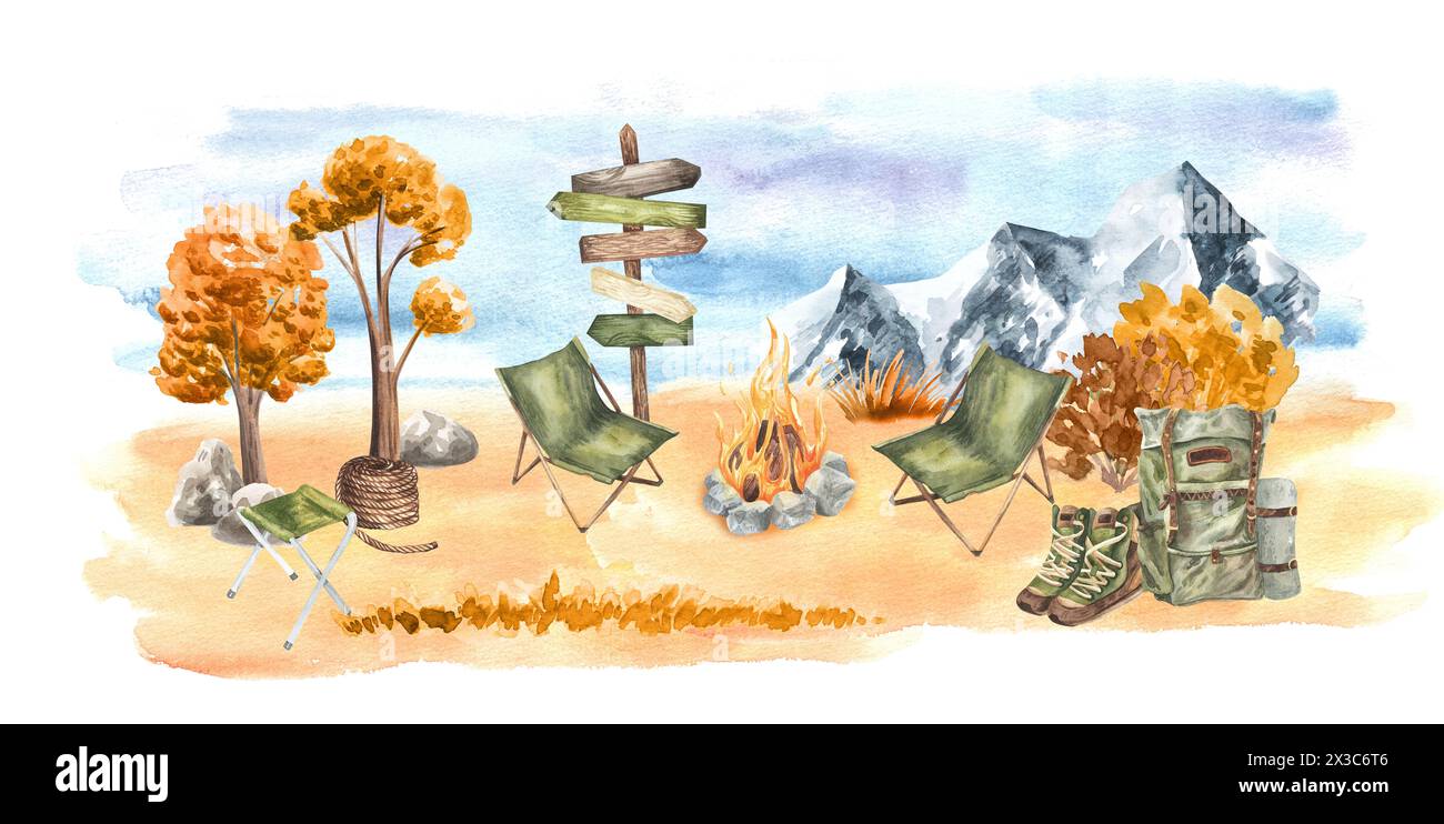 Aquarell Camping Szene, handgezeichnet, isoliert, Rucksack, Lagerfeuer, Stühle, Wanderschuhe, Bergsilhouette, Elementskizze, Zeichengrafik, Camping Stockfoto