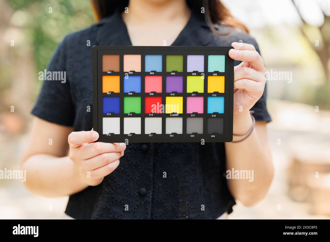 Fotomodell mit Farbchecktafel oder Farbtabelle zur Kalibrierung von Fotos oder Videos mit präzisen Farben Stockfoto