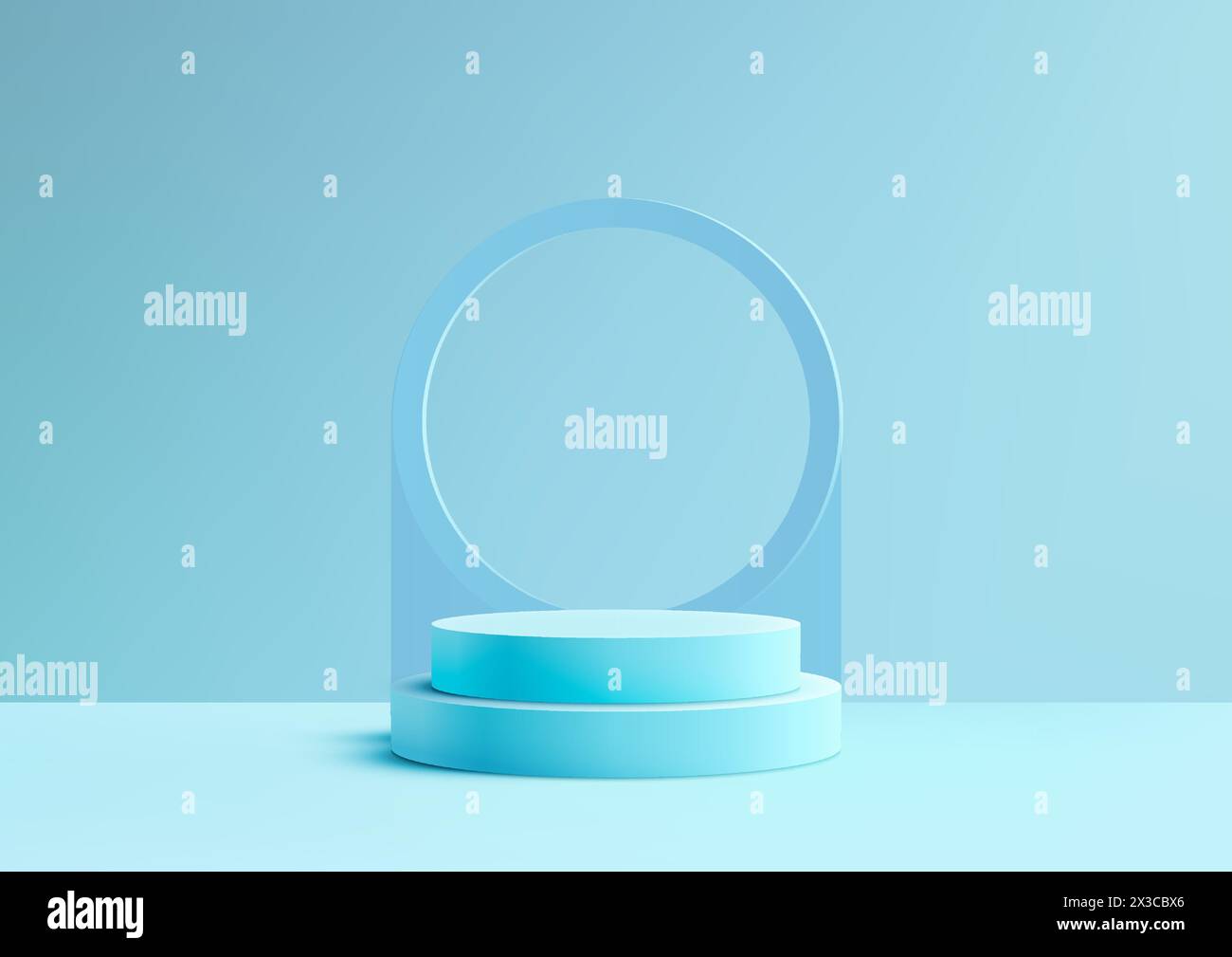 Blaues 3D-Podium mit einem Kreis in der Mitte, auf weichem blauem Hintergrund in minimalem Stil. Dieses Modell eignet sich perfekt für die Präsentation von Produkten. Vec Stock Vektor