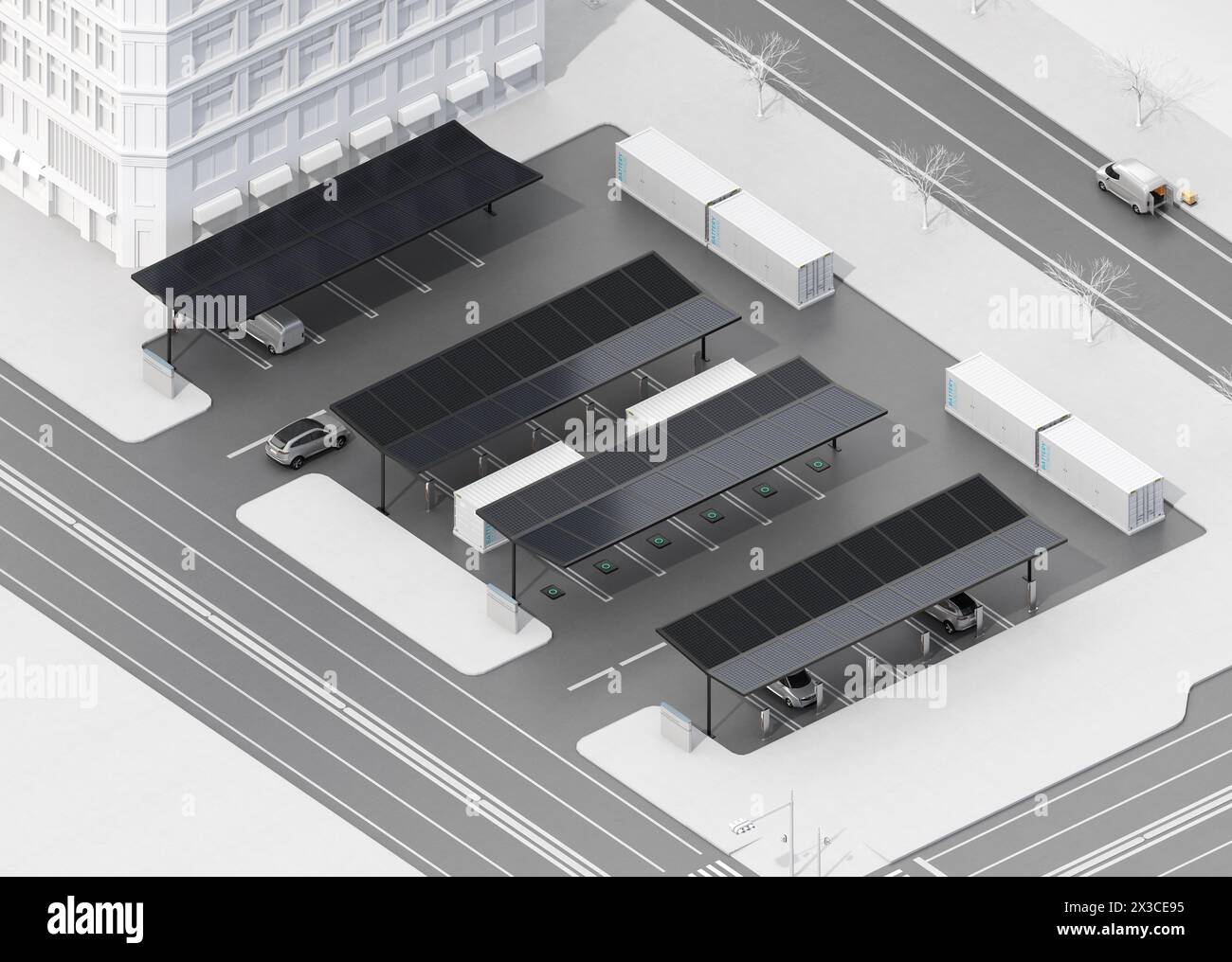 Ladestation für Elektrofahrzeuge mit Solarpaneelen und Batteriespeicher für Container. 3D-Rendering-Bild. Stockfoto