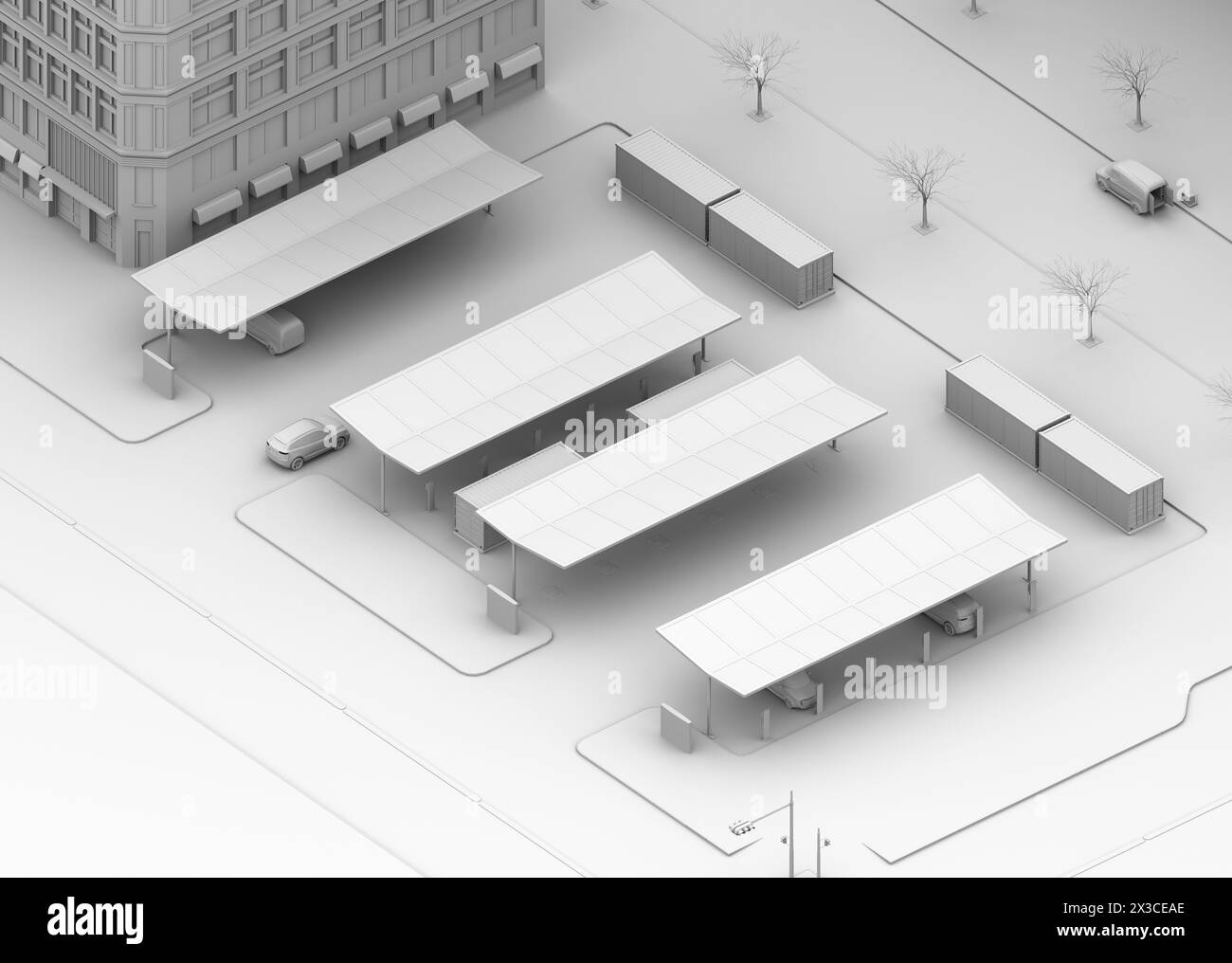 Tonwiedergabe von Ladestationen für Elektrofahrzeuge, die mit Solarpaneelen und Containerbatterien ausgestattet sind. 3D-Rendering-Bild. Stockfoto