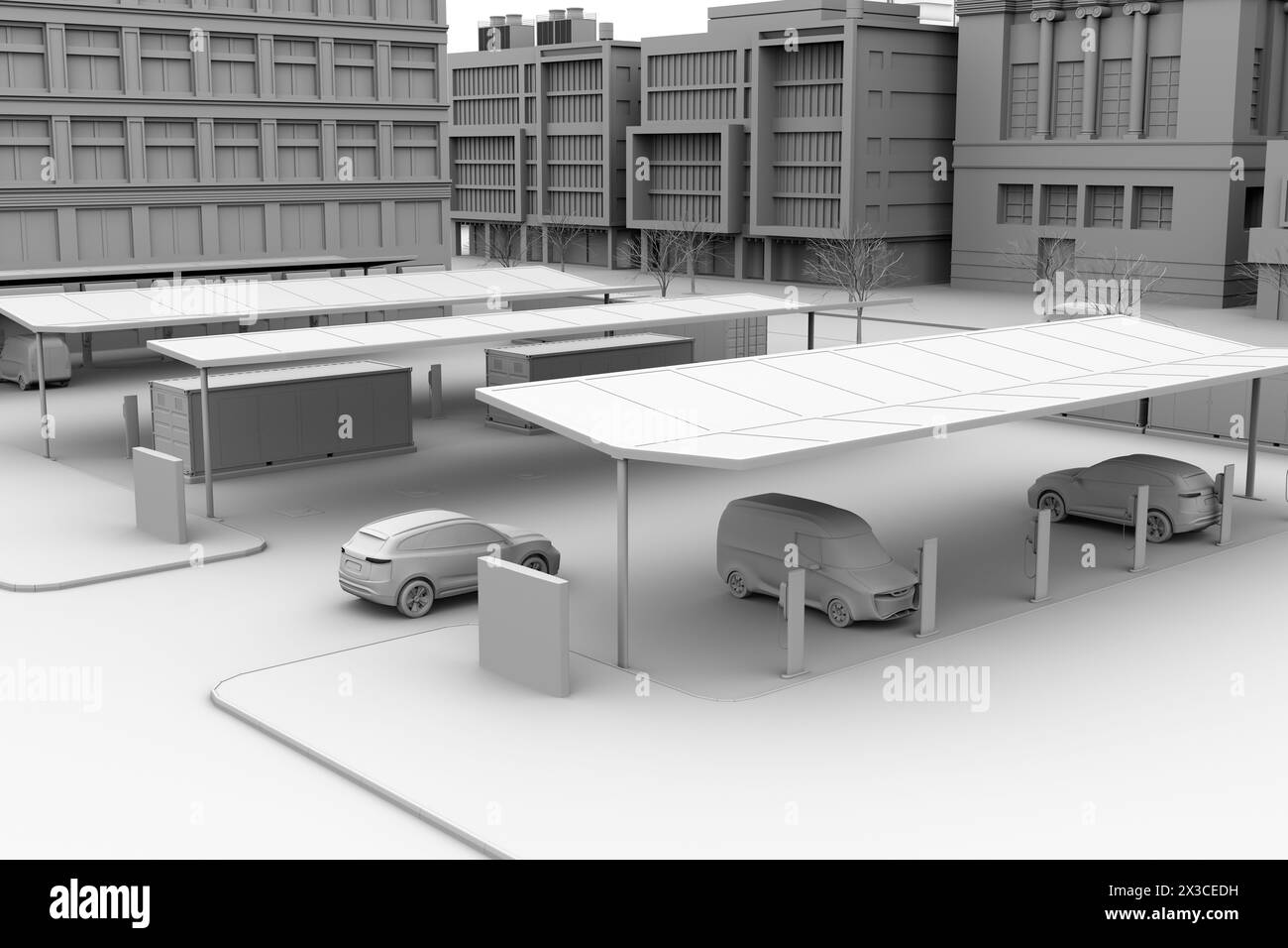 Tonwiedergabe von Ladestationen für Elektrofahrzeuge, die mit Solarpaneelen und Containerbatterien ausgestattet sind. 3D-Rendering-Bild. Stockfoto
