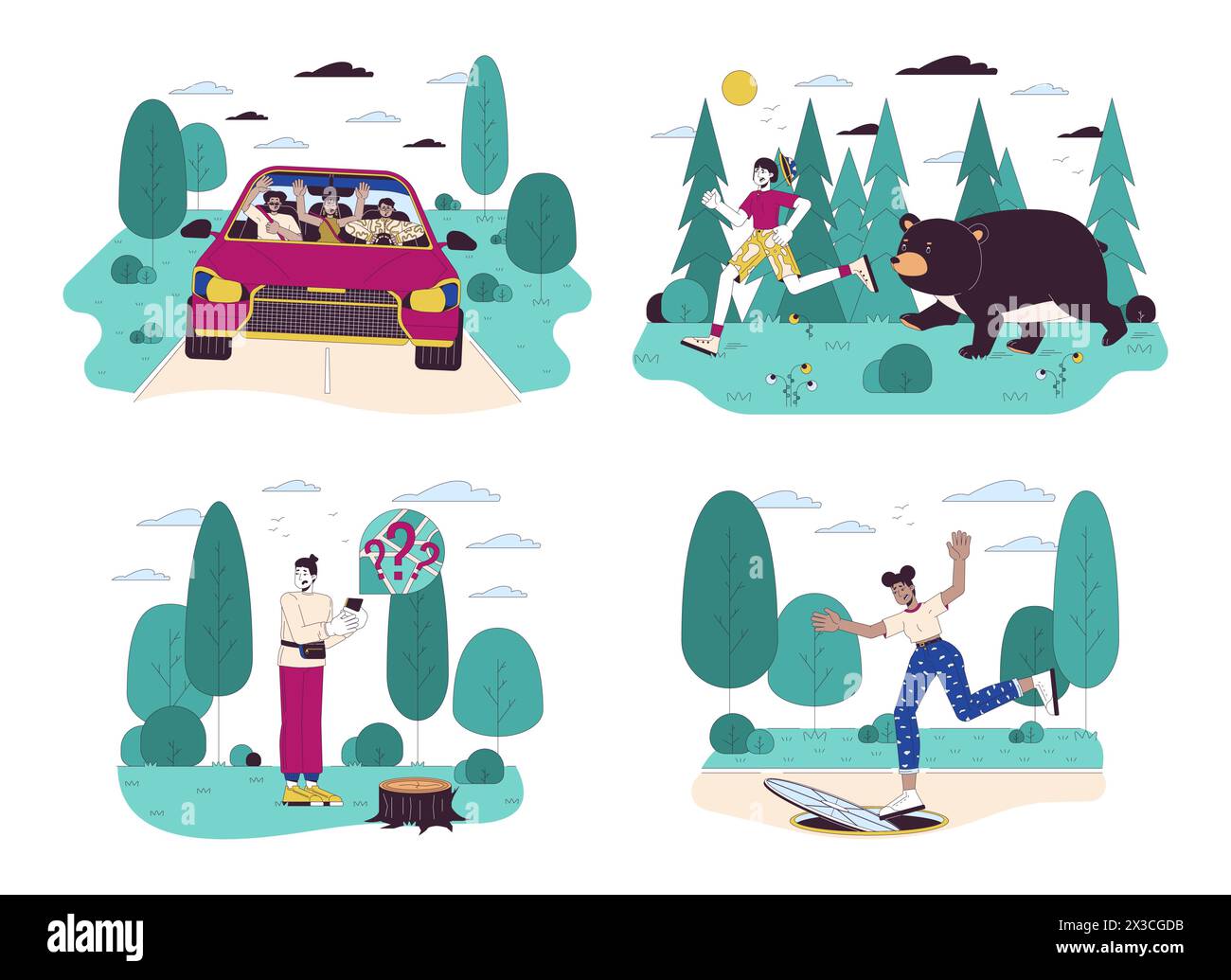 Leute überleben Unfälle Linie Zeichentrick flache Illustration Set Stock Vektor