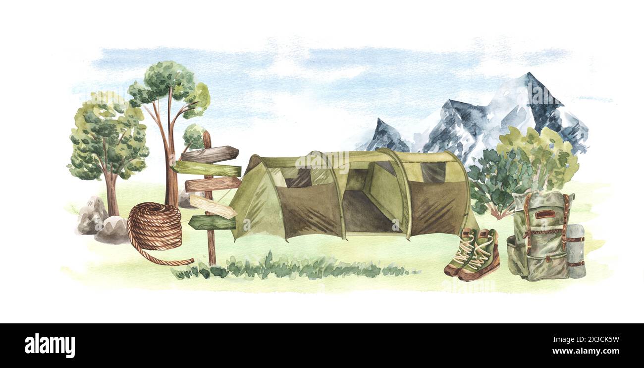 Wanderzelt im Wald Bergpark. Campingkonzept Wanderschuhe, Seil, handgezeichnete Aquarellillustration isoliert auf weißem Hintergrund. Für TRA Stockfoto