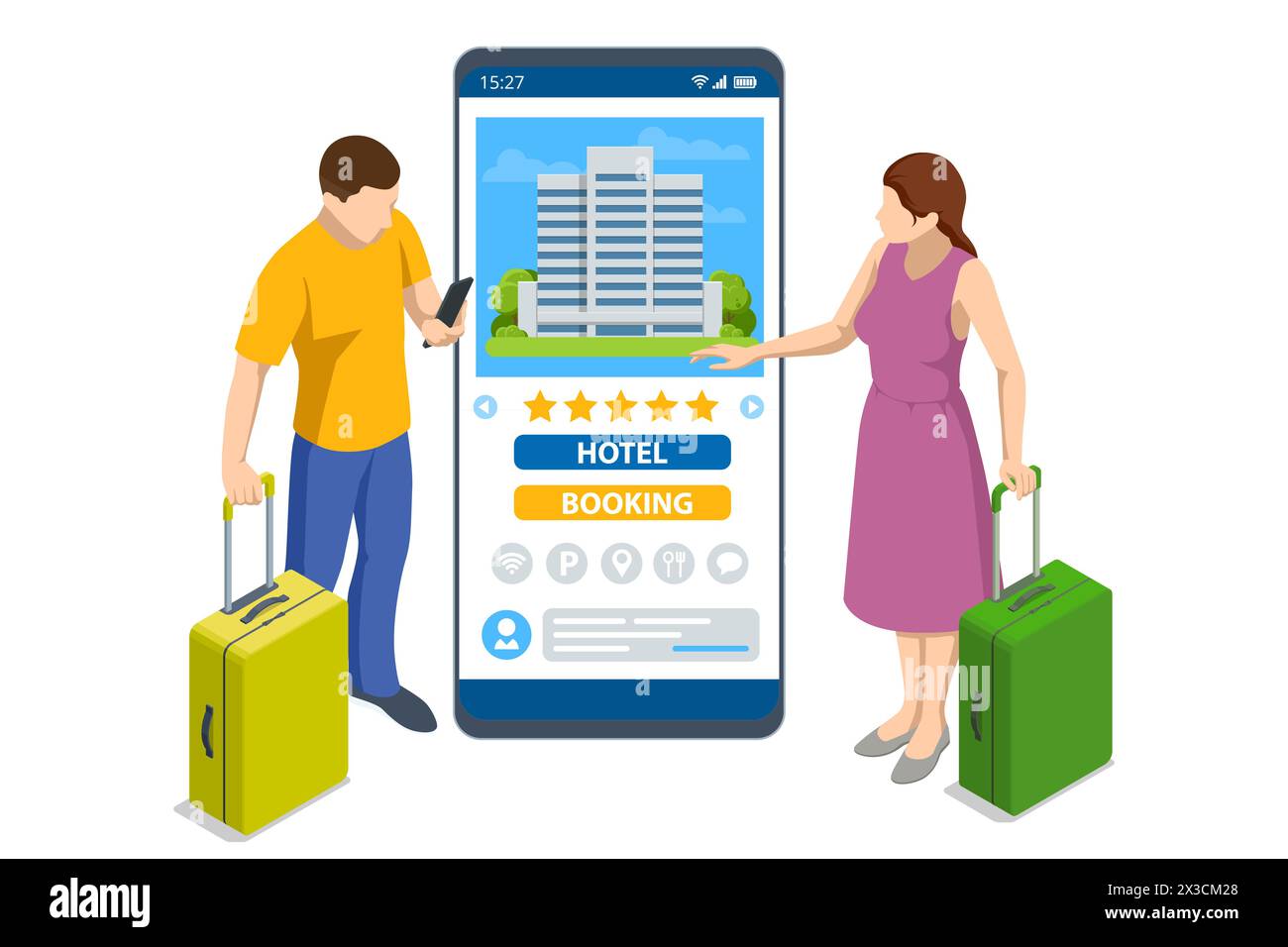 Isometrische Online-Buchungsanwendung. Ticketkauf mit Smartphone. Leute buchen Hotel und suchen Reservierungen für Urlaub. Smartphone-Karten Stock Vektor
