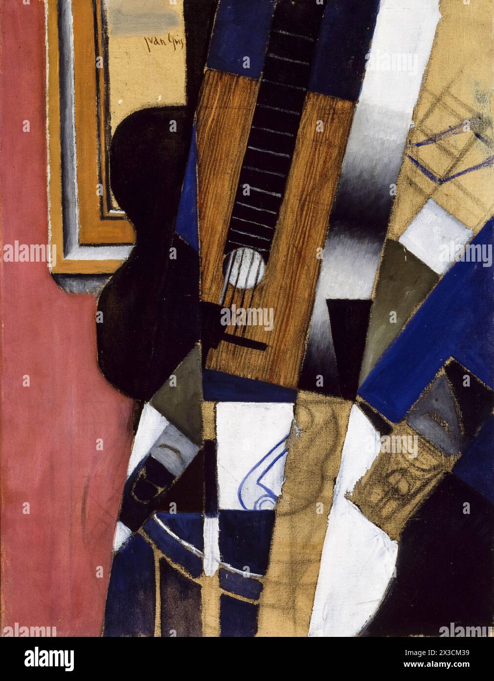 Juan Gris, Gitarre und Pfeife, abstrakte Malerei in Öl und Kohle auf Leinwand, 1913 Stockfoto