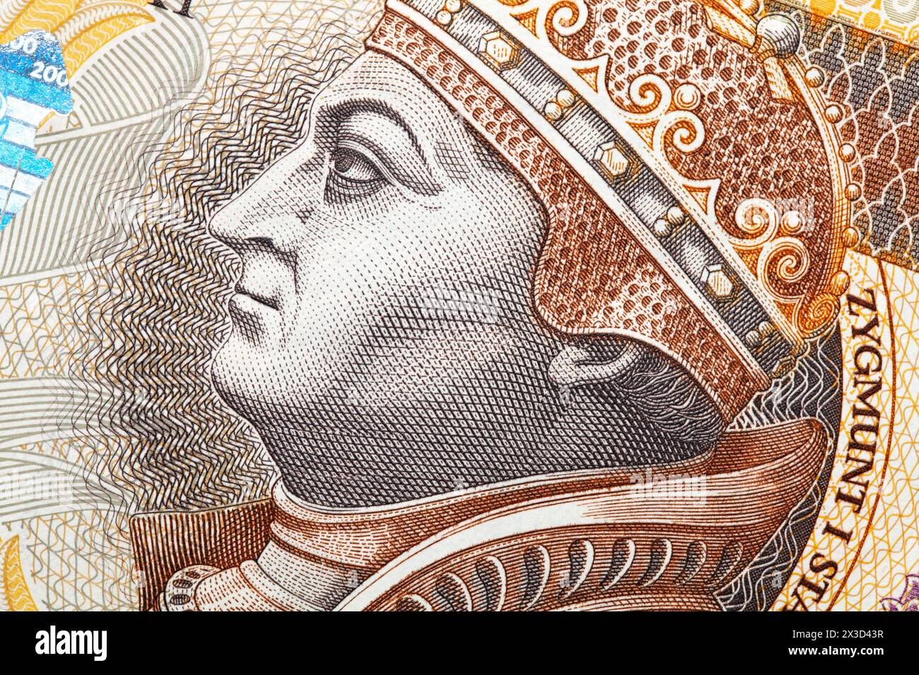Polnische 200 Zloty, 200 PLN. Makro von Zygmunt i Stary Gesicht auf polnisches Geld. Draufsicht Stockfoto Polnische 200 Zloty, 200 PLN. Makro von Zygmunt i Stary Gesicht auf polnisches Geld. Draufsicht Stockfoto