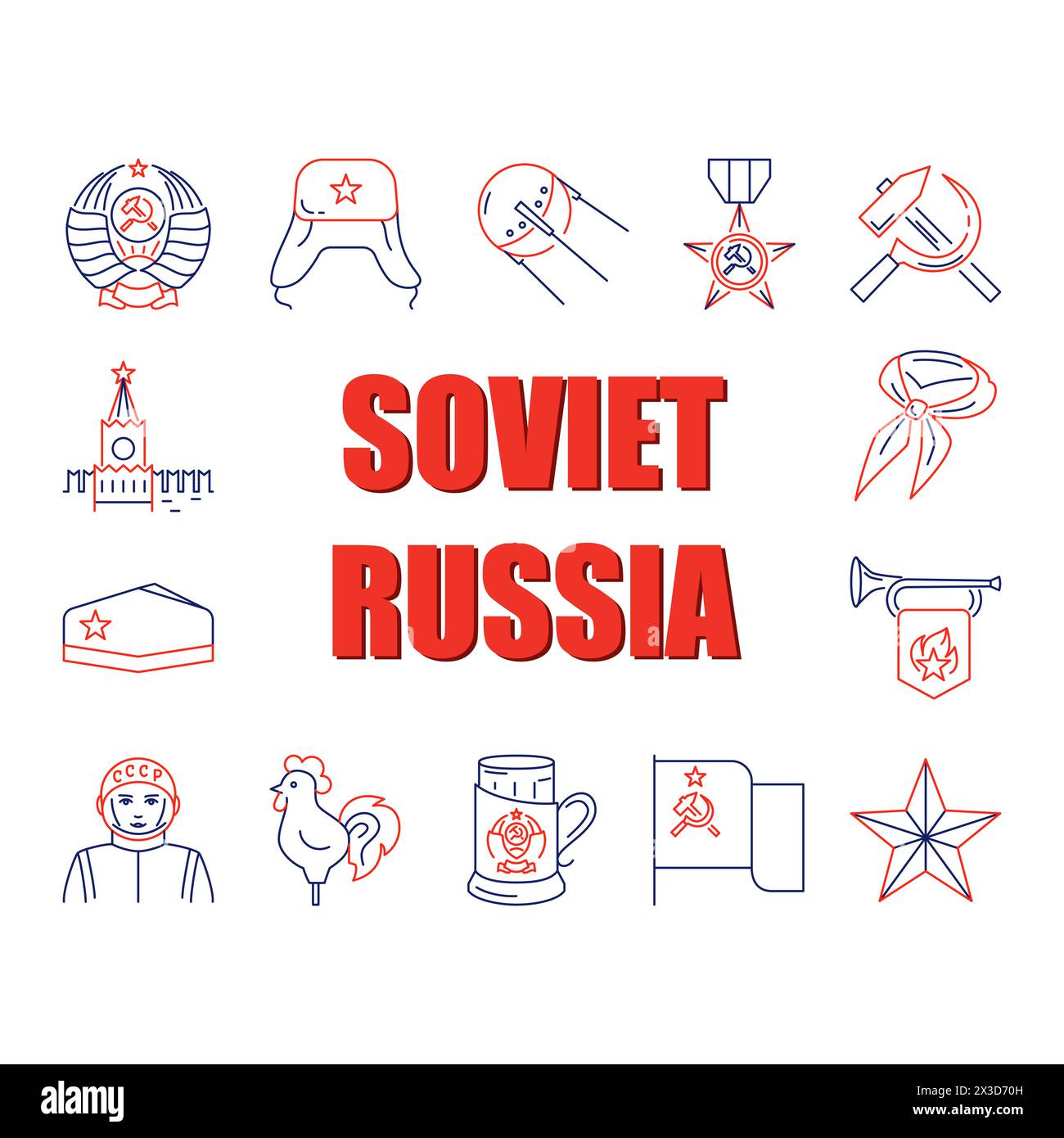 Sowjetisches Russland-Poster im Linienstil. Symbole der UdSSR. Vektorabbildung. Stock Vektor