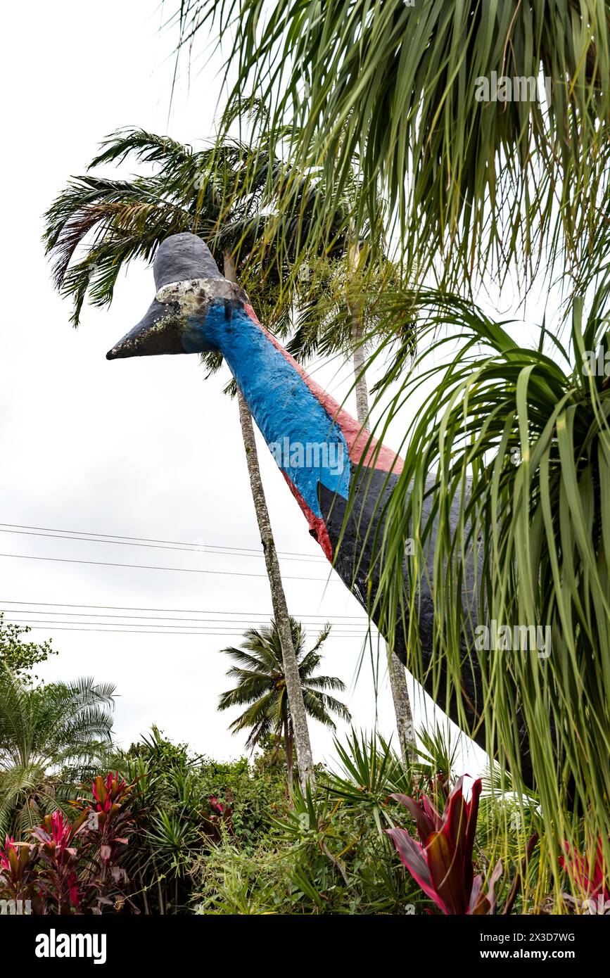 Die Big Cassowary Statue steht 5 Meter hoch am Einkaufskomplex in der Nähe von Wongaling Beach in der Stadt Mission Beach, North Queensland, Australien Stockfoto