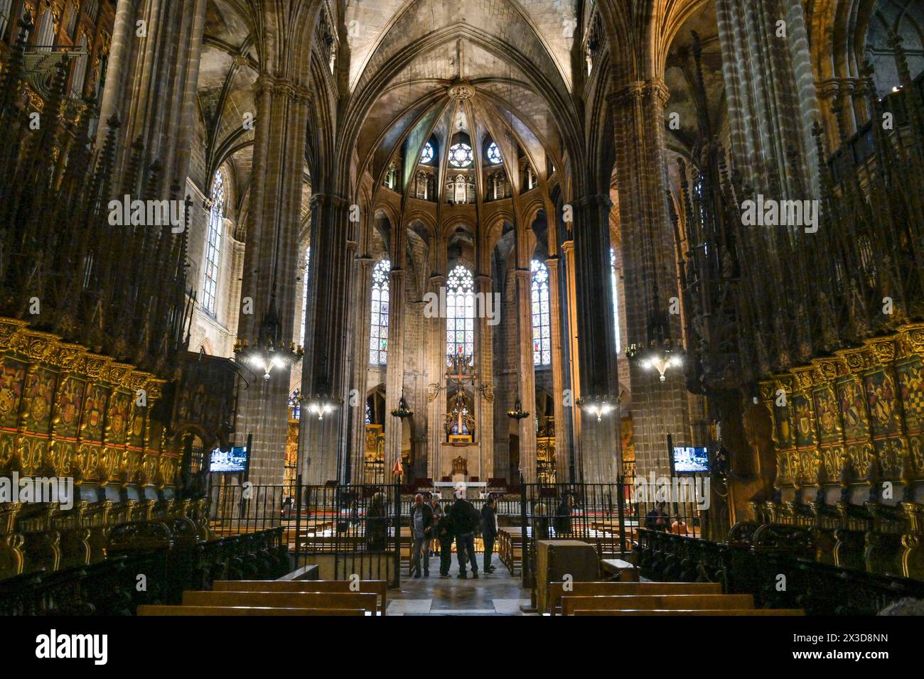 Hauptchor mit Chorgestühl von Pere Ca Anglada, Kathedrale, Catedral de la Santa Creu i Santa Eulalia, Barcelona, Katalonien, Spanien Stockfoto
