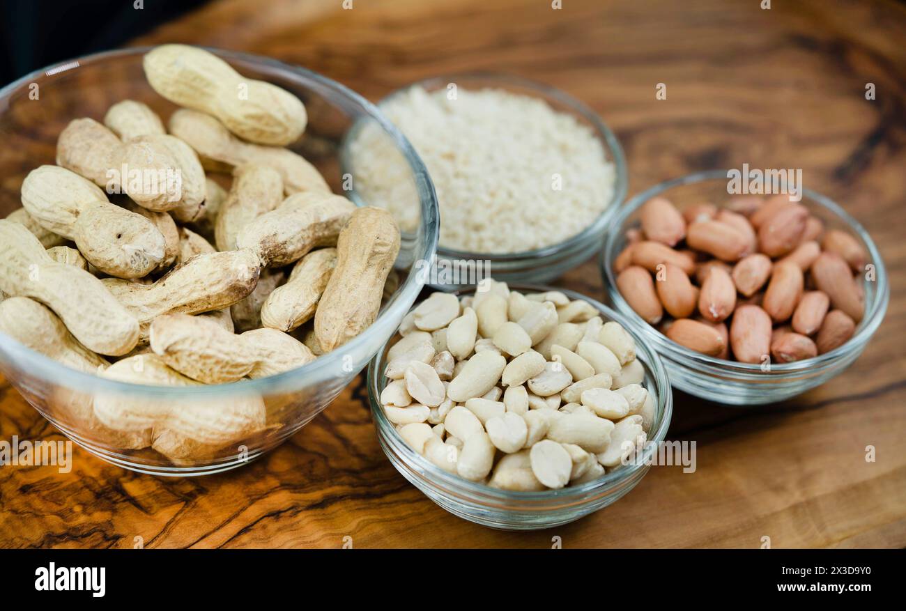 Erdnuss, Erdnuss (Arachis hypogaea), Erdnüsse mit und ohne Schale, geschält und in Schalen gehackt Stockfoto