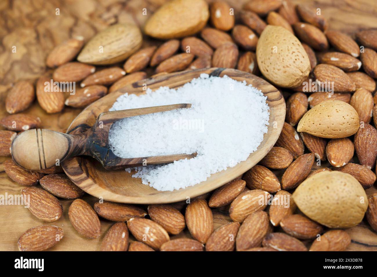 Mandel (Prunus dulcis, Prunus amygdalus, Amygdalus communis, Amygdalus dulcis), gesalzene Mandeln, ungesackte Mandeln und Holzlöffel mit Salz Stockfoto