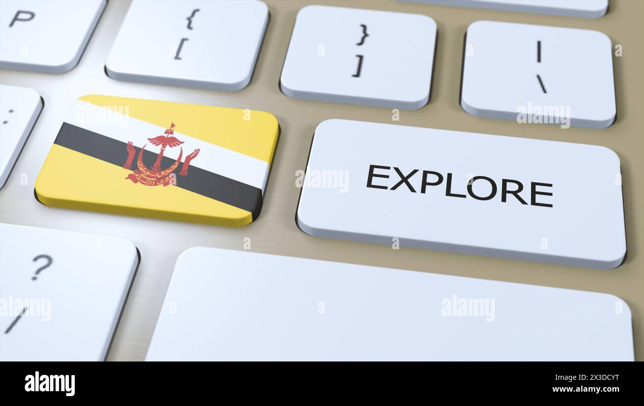 Brunei Country National Flag und Button mit Text Explore. 3D-Abbildung. Stockfoto