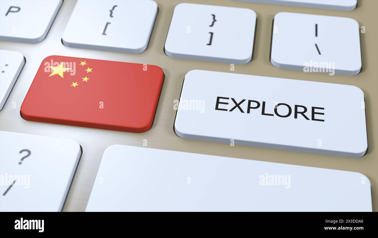 Nationalflagge und Schaltfläche für China Country mit Text Explore. 3D-Abbildung. Stockfoto