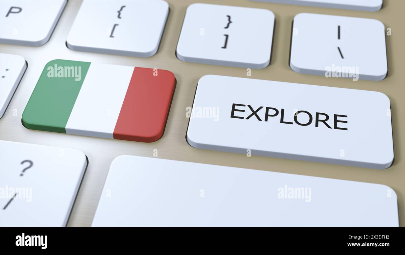 Italien Land Nationalflagge und Schaltfläche mit Text Explore. 3D-Abbildung. Stockfoto