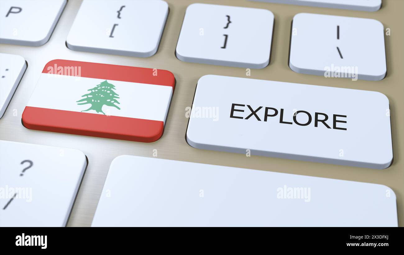 Libanon Country National Flag und Button mit Text Explore. 3D-Abbildung. Stockfoto