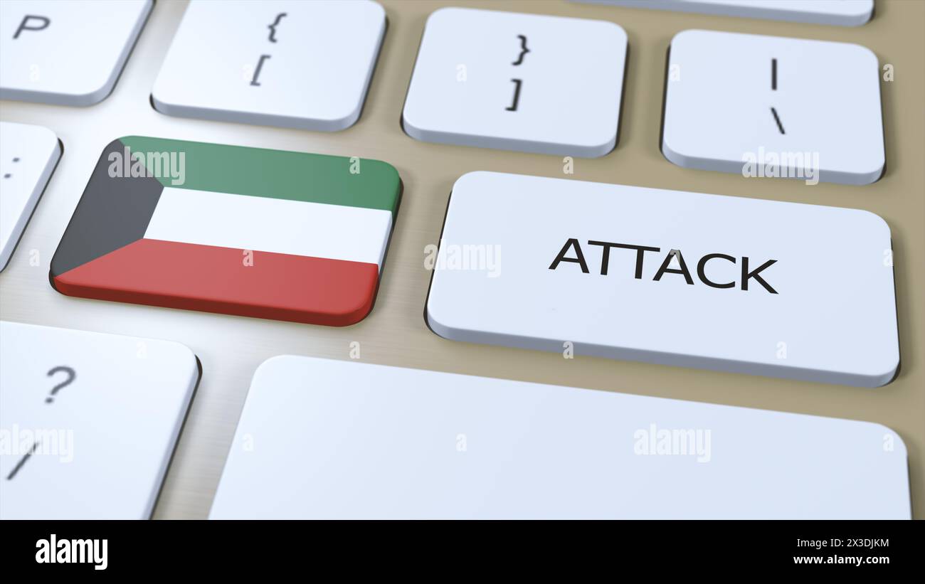 Kuwait Country National Flag und Text Attack on Button. War 3D-Illustration. Stockfoto