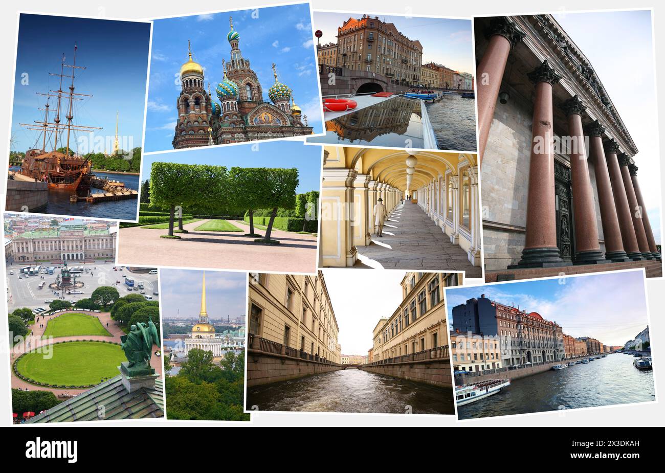 Collage von 10 Fotos mit historischen Sehenswürdigkeiten und Blick auf St. Petersburg Stockfoto