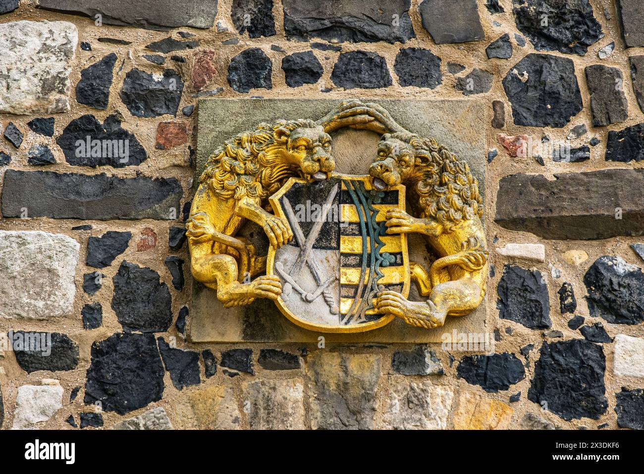 Kursächsisches Wappen, das von Schildhalterlöwen gehalten wird, am Coselturm der Burg Stolpen auf dem Basaltberg von Stolpen, Sachsen. Stockfoto