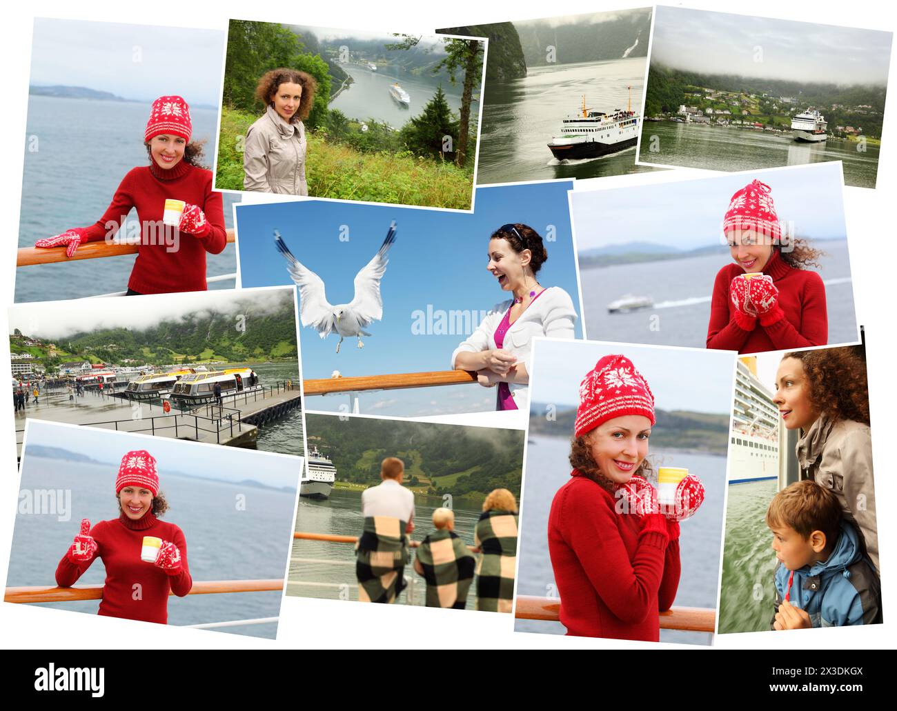 Collage mit Frau in rotem Strickpullover und Hut, Frau in grauem Regenmantel und anderen Völkern ruhen im Fjord Norwegens Stockfoto