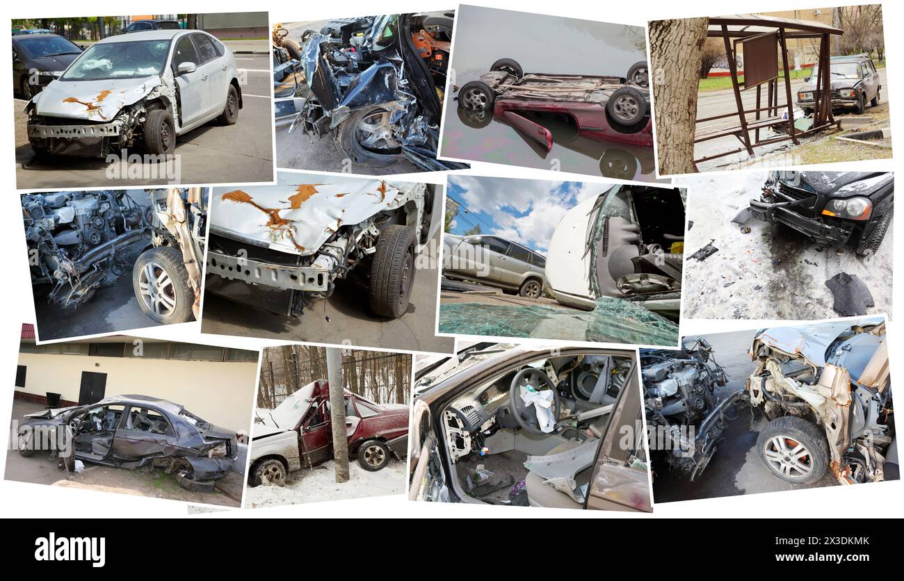Collage von zwölf Fotos von Unfallautos, Gefahr auf der Straße Stockfoto