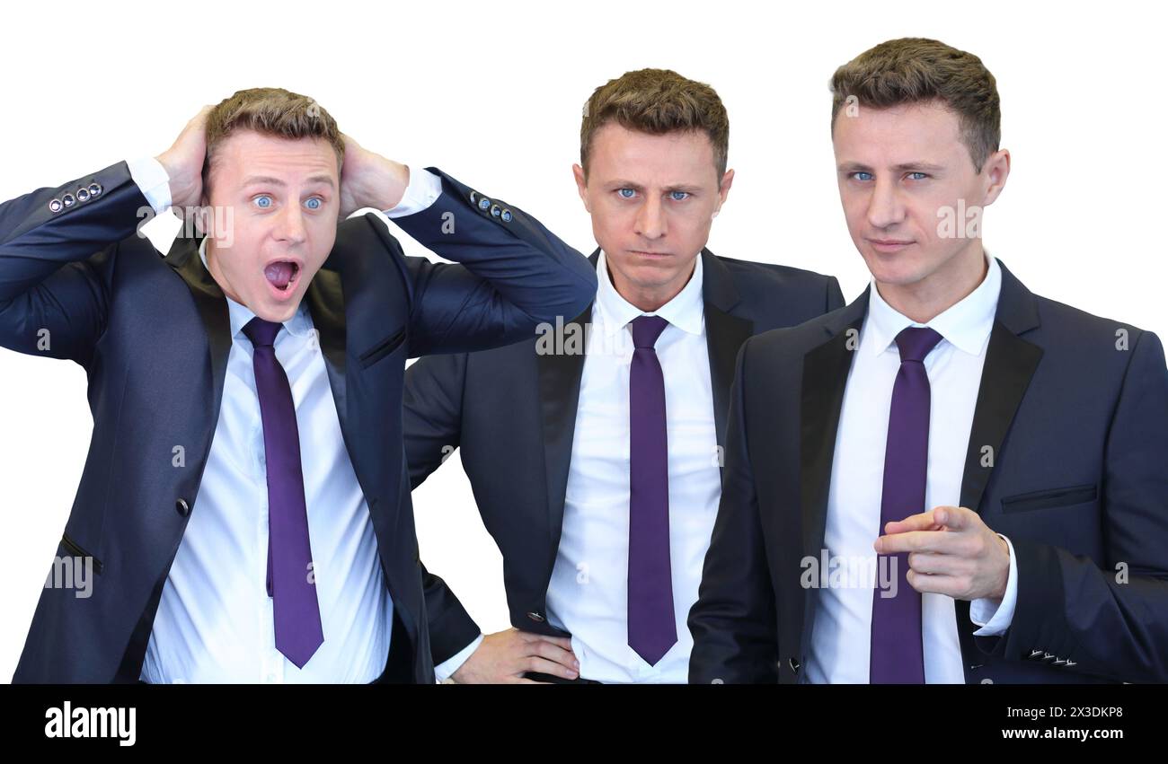 Collage mit drei Geschäftsmännern mit misstrauischem Blick, der auf die Kamera zeigt, Hände auf Hüften, verängstigter Geschäftsmann hielt sich isoliert an den Kopf Stockfoto