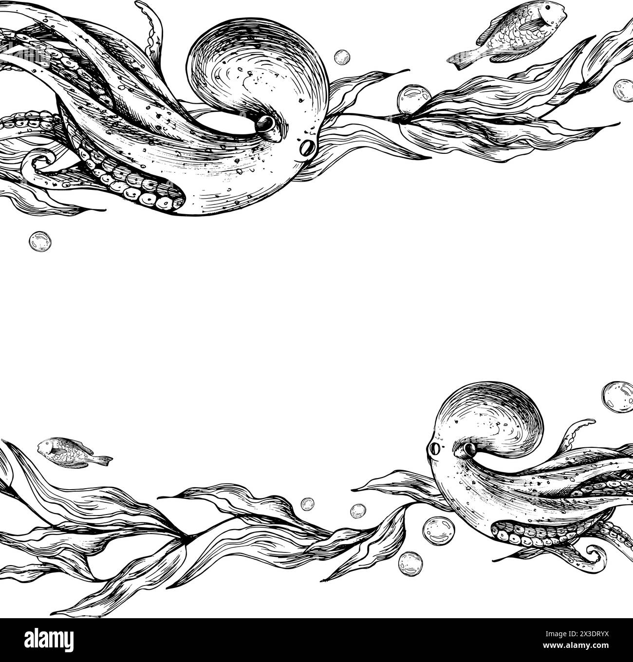 Unterwasserwelt Clipart mit Meerestieren, Kraken, Fischen, Blasen und Algen. Grafische Abbildung, handgezeichnet mit schwarzer Tinte. Vorlage, Rahmen-EPS-Vektor Stock Vektor