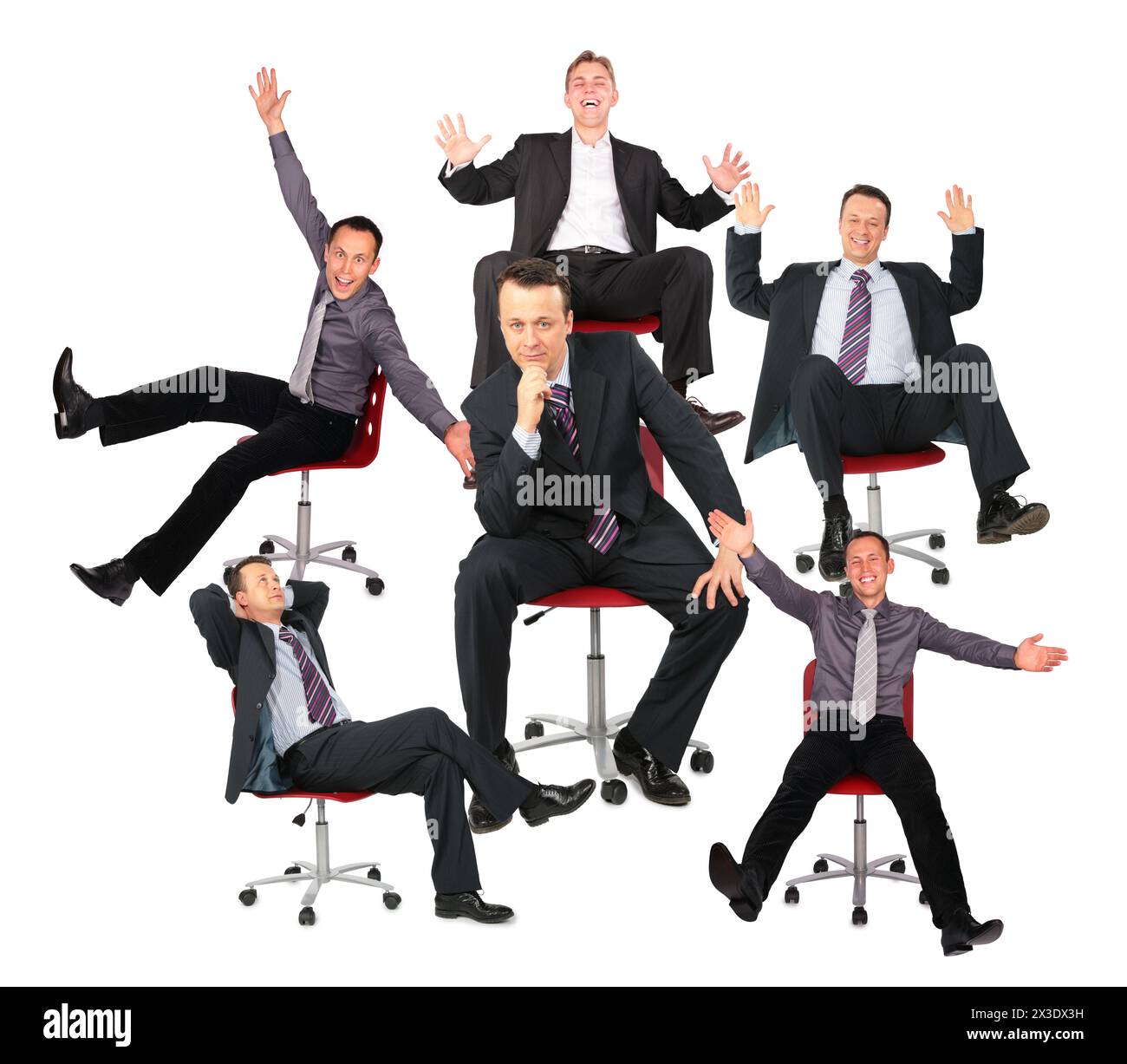 Geschäftsleute auf roten Bürostühlen, Collage. Stockfoto