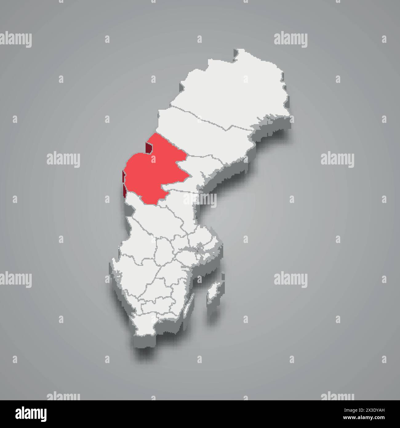 Jämtland County ist rot auf einer grauen 3D-Karte in Schweden markiert Stock Vektor