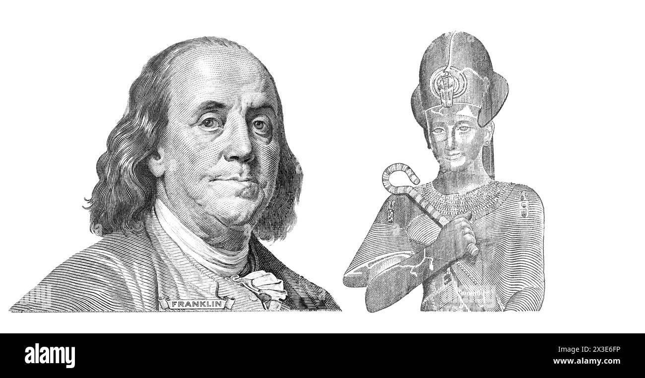 Benjamin Franklin kürzte die neue 100-Dollar-Banknote und Ramesses II. Die 50 Piaster der ägyptischen Banknote zu Designzwecken Stockfoto