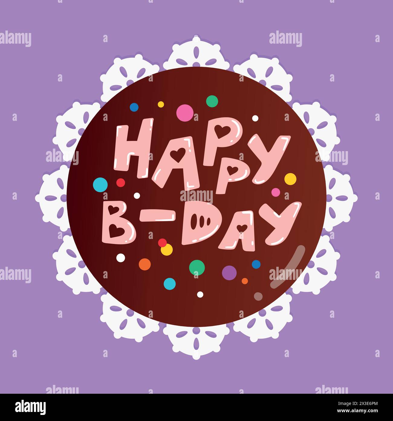 Geburtstagskuchen von oben. Glücklicher B-Day-Kuchen mit Schokoladenglasur, dekoriert mit Buchstaben. Cartoon-Schokoladenkuchen auf einem Teller. Vektorabbildung Stock Vektor