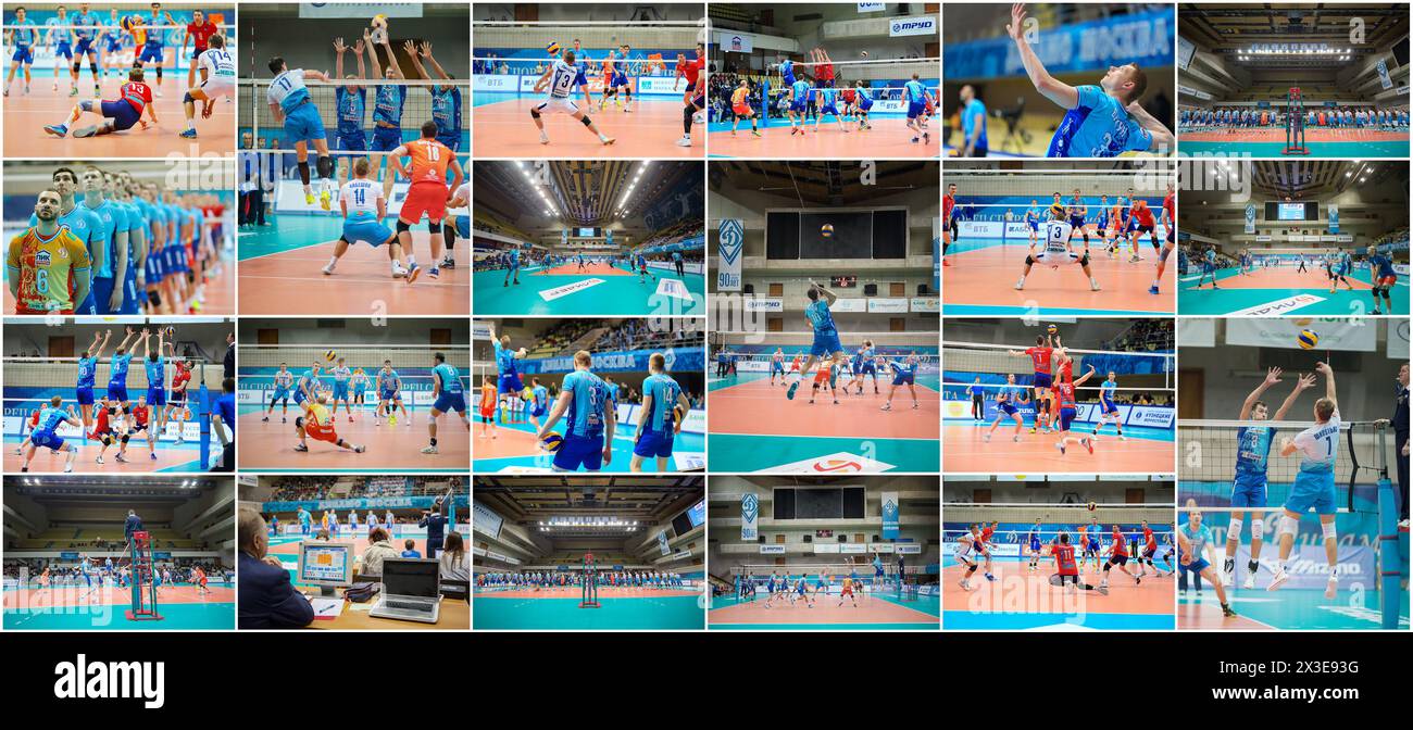 MOSKAU - 5. November 2016, 8. April 2017: (Collage mit Fotos) Spieler beim Volleyballspiel Dynamo (Moskau) und Ural (Ufa), Dynamo (Moskau) - Nova (Novokuibys Stockfoto