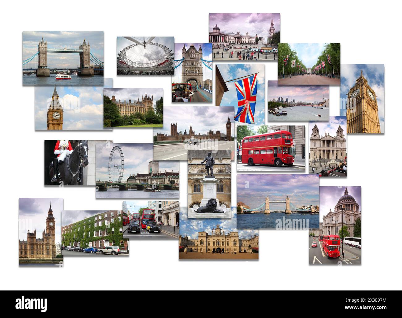Collage mit Blick auf London - Tower Bridge, Big Ben, Westminster Palace, Doppelbus Stockfoto
