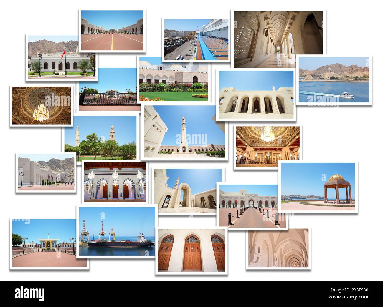 Collage mit Fotos des Oman - Sultanpalast, große Moschee, Hafen von Qaboss Stockfoto