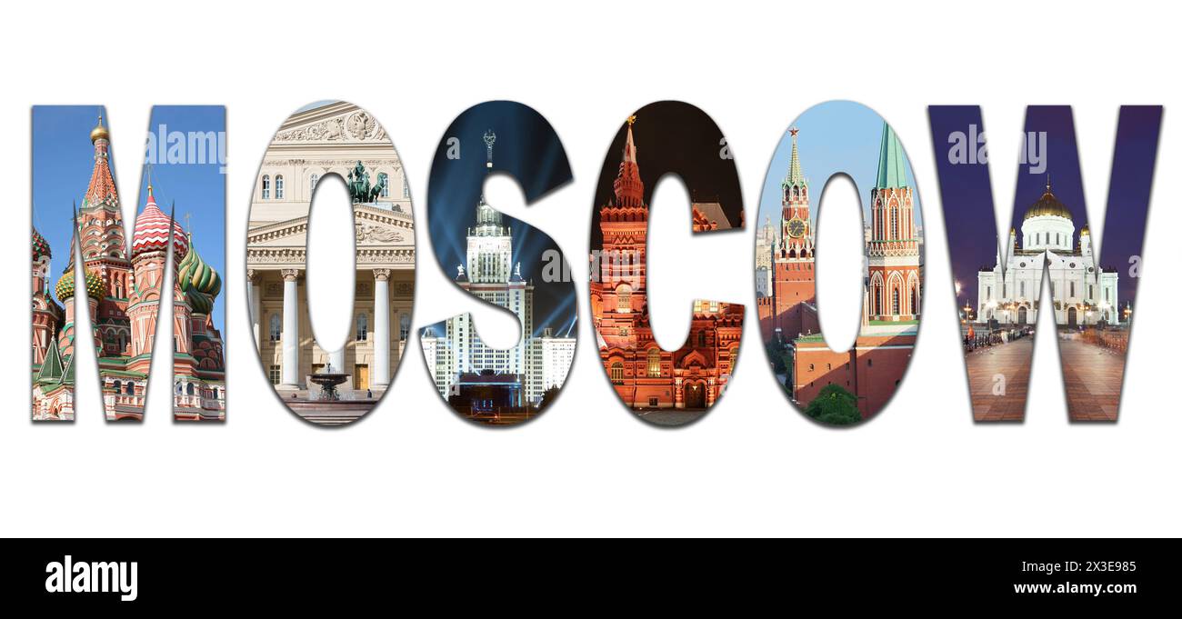 Collage mit Buchstaben Moskau mit Blick auf Moskau - Spasskaya-Turm, Kreml, Bolschoi-Theater, Moskauer Staatliche Universität, Christus-Erlöser-Kathedrale Stockfoto