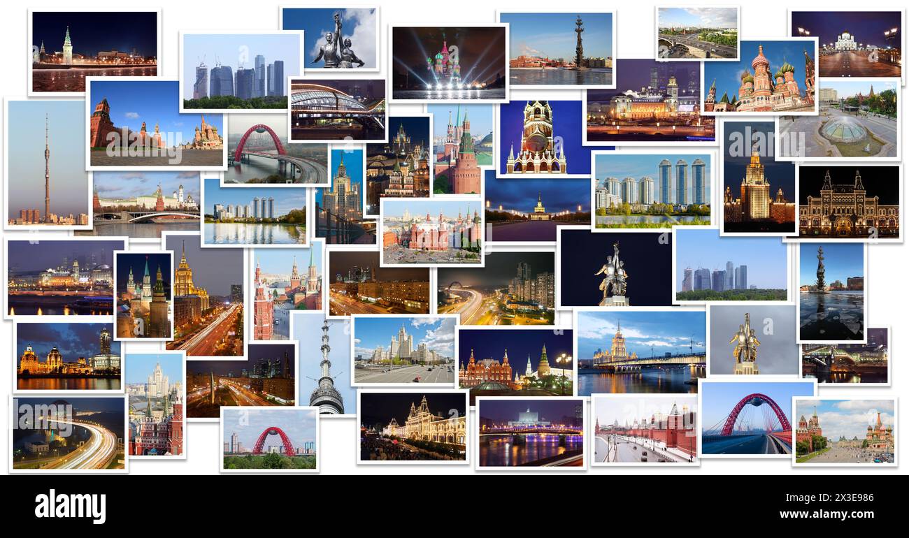 Collage mit Moskauer Fotos - Kreml, Moskauer Staatliche Universität, Christ-Erlöser-Kathedrale, Arbeiter- und Kollektivarbeiter-Denkmal Stockfoto